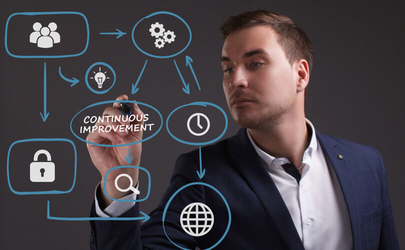 continuous improvement training - Young businessman showing inscription